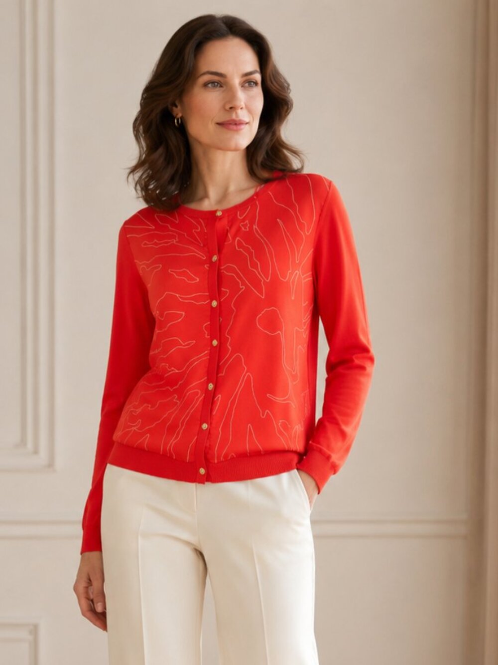 Anne Klein Red Cardigan Blouse M Gold Button Silk Feel Quiet Luxury Classic